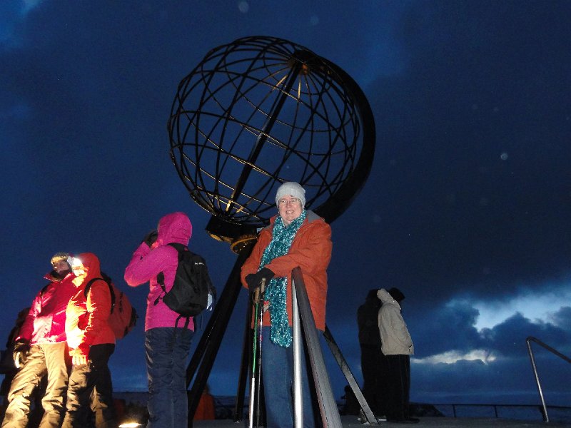 DSC08750.jpg - Sue in front of the North Cape globe